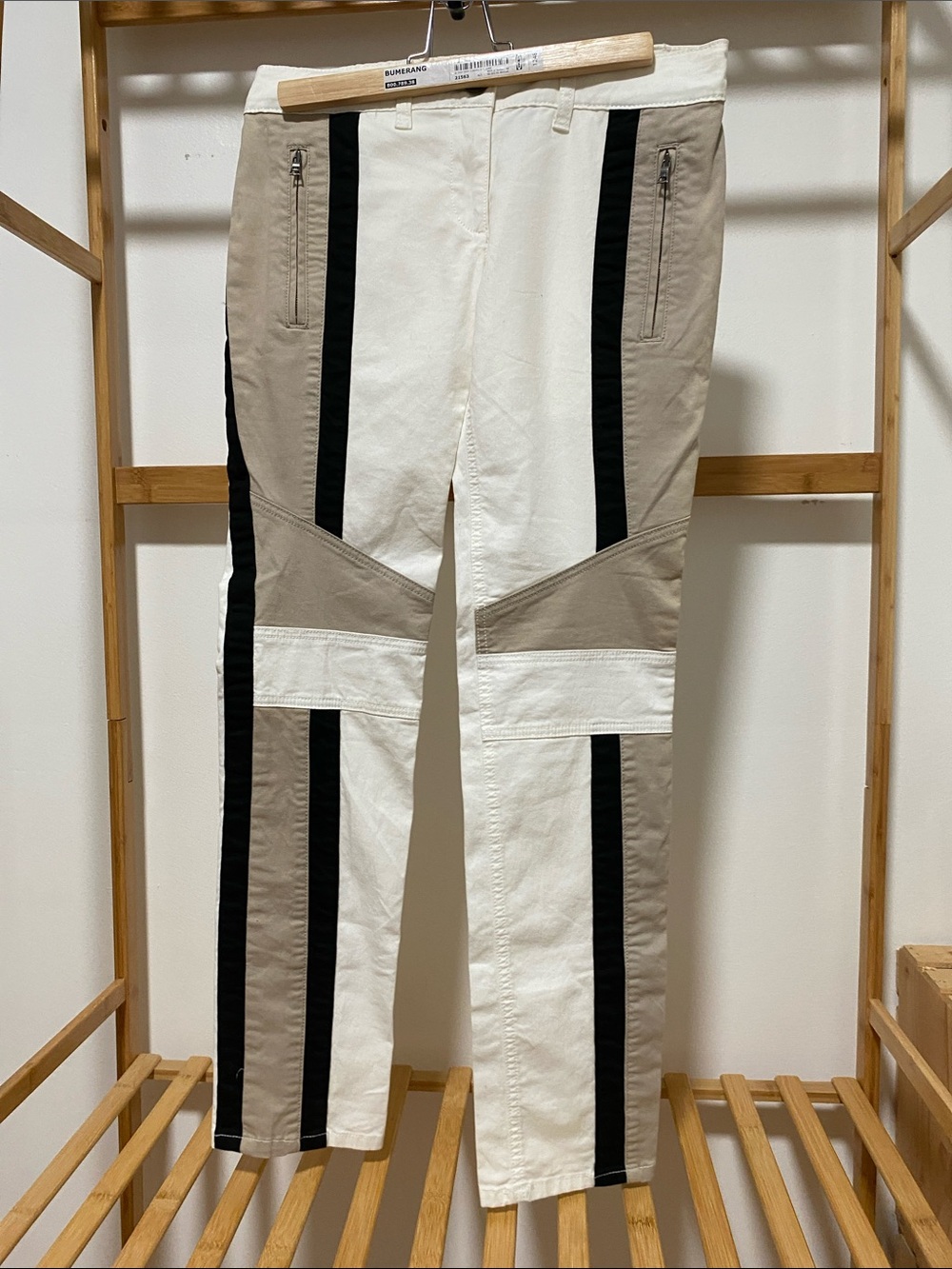 BCBGMaxAzria White, Tan & Black Stripe Utility Pants